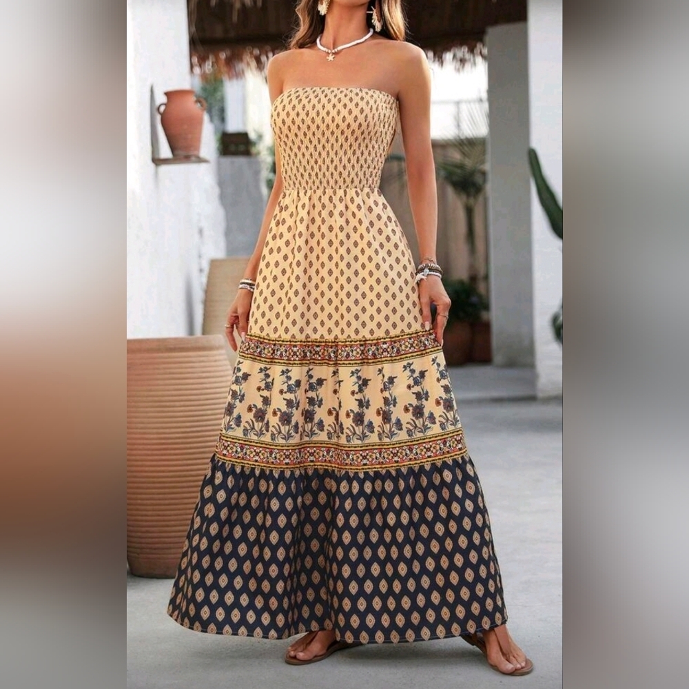 New Boho Print Strapless Tube Top Maxi Dress - Picture 6 of 10